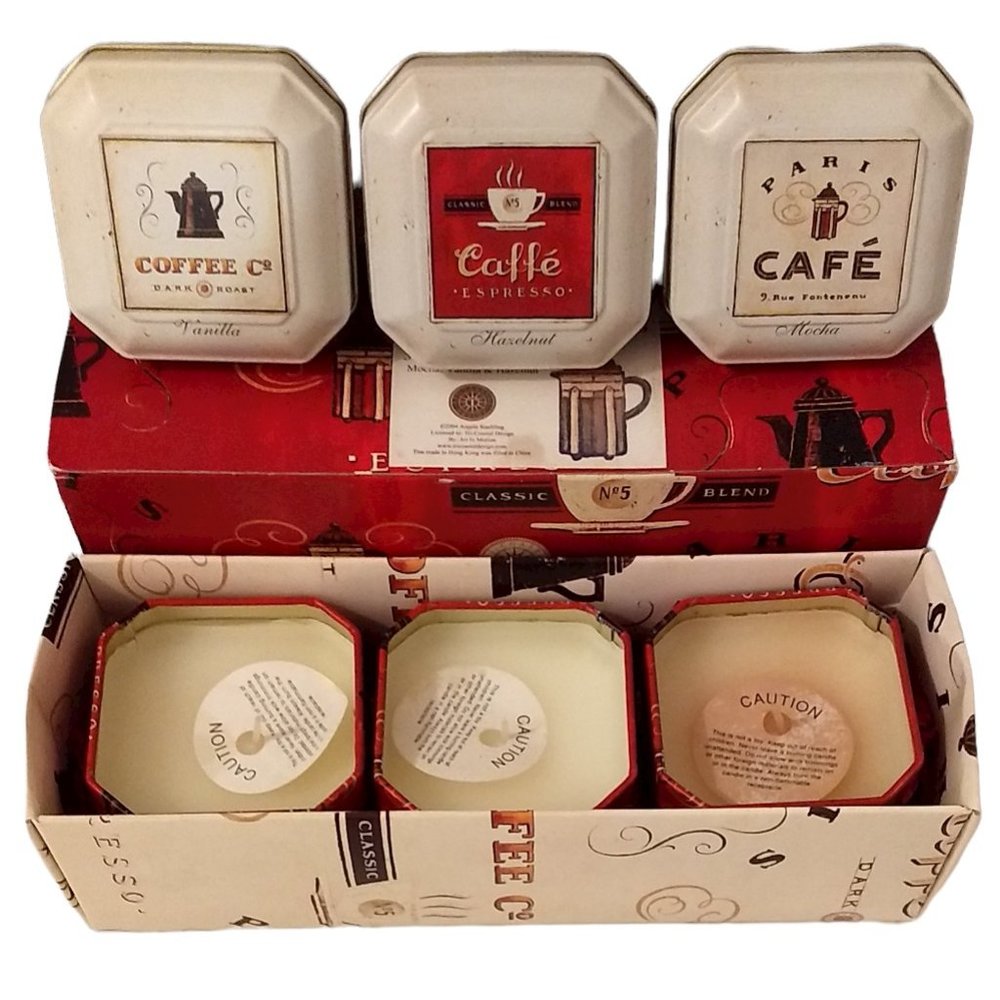 Set of 3 Scented Candles in Coffee-Themed Tins